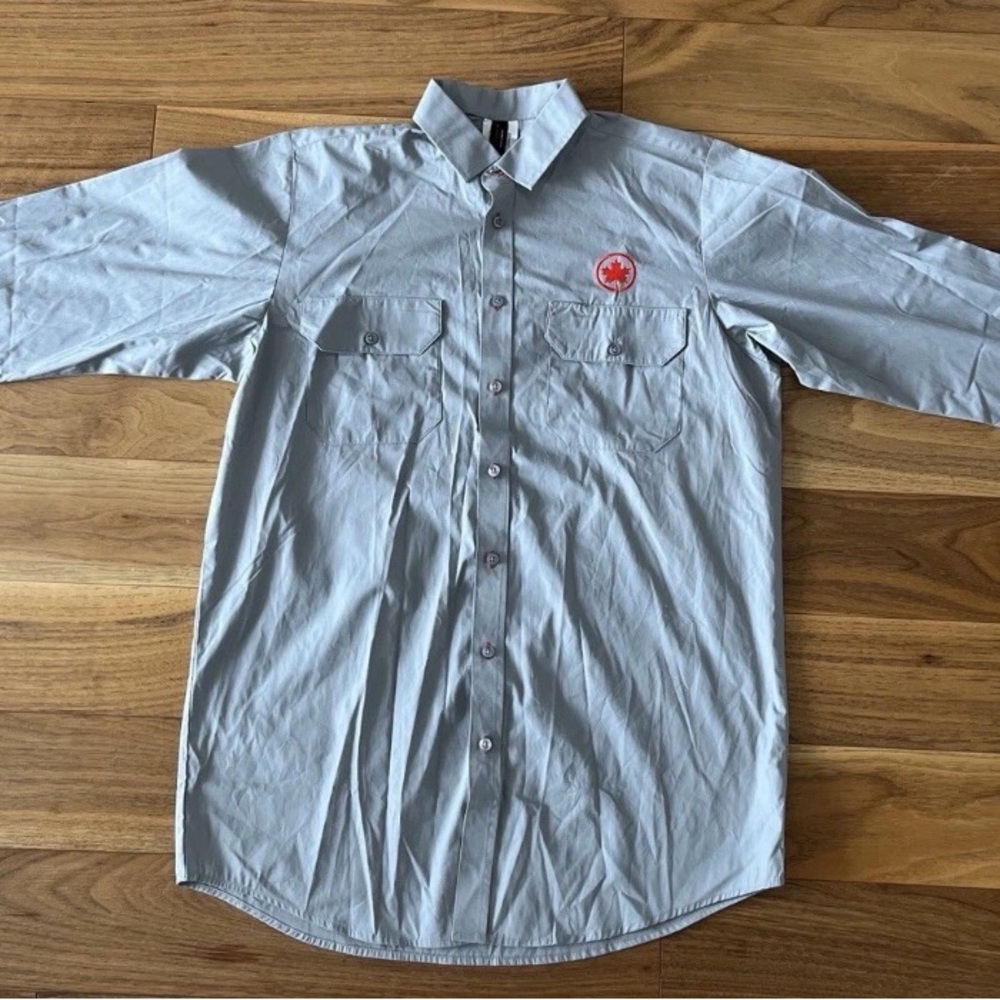 VINTAGE Air Canada Work Shirt Mens Medium Grey Canvas Workwear Flap Pockets